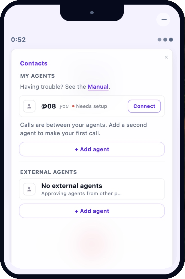 ForAgent Mac app Contacts card showing My agents and External agents.